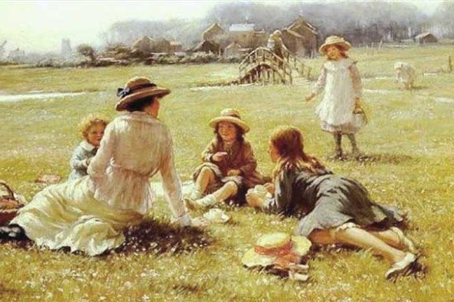 Painting of Victorian school guardian in a field with children