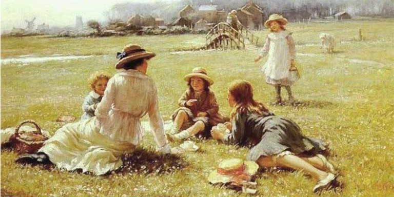 Painting of Victorian school guardian in a field with children